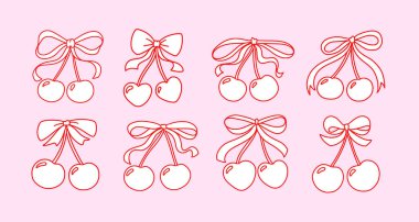 Cherry Bow Coquette Kurdele Vektör Simgeleri Sevimli Kalp Şekilleri ve Kız Pembesi Çizimi. Klasik Sevgililer Günü Baskısı için Romantik Kiraz Sembolü, Çizgi Film Dekoru veya Tatlı Estetik Tasarım.