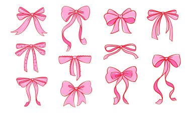 Coquette yay ve kurdele vektörü oldukça pembe olarak ayarlandı. Sevgililer Günü hediyeleri, düğün aksesuarları ve kız tasarımları için dantelli hoş eskizler. Flörtöz Y2K Estetik Yaylar.