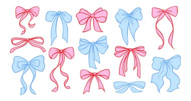 Bow Ribbon Pembe ve Mavi Coquette Vector Şirin Hediye Yayı ve Romantik Dantel Çizimi. Klasik İllüstrasyon Kızlar ya da Erkekler için Mevcut Tasarım, Düğün Klibi ya da Y2K Estetik Projeler.