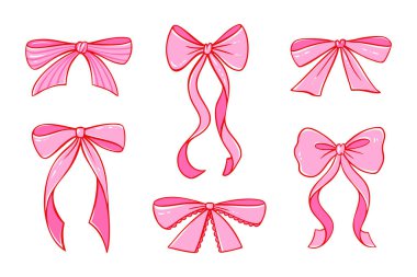 Coquette yay ve kurdele vektörü oldukça pembe olarak ayarlandı. Sevgililer Günü hediyeleri, düğün aksesuarları ve kız tasarımları için dantelli hoş eskizler. Flörtöz Y2K Estetik Yaylar.