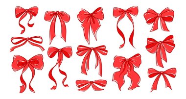 Klasik Coquette Red Fiws in Hand-Drawn Whimsical Style Ribbon Set, Sweet Flirtatious Bow Clipart Collection Hediye Illustration veya Retro Vector Design.