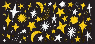 El yapımı pastel boyalar ve pastel karalamalar okul projeleri, çıkartmalar ya da çocuk çizimleri için çocukça tebeşir dokusu öğeleri. Oyuncu vektör renkli yıldızlar kümesi.