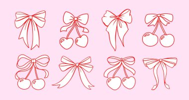 Coquette Cherry ve Bow Vector Set in Şirin Taslak Stili. Kız Baskıları, Sevgililer Günü Tasarımları ve Tatlı Estetik Projeleri İçin Kalp Aksanlı Romantik Kırmızı Kurdeleler.
