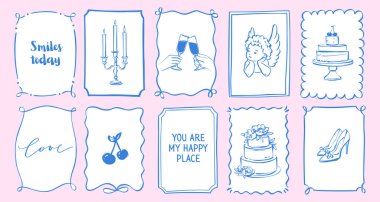 Kaprisli Çerçeve ve Sınırlar. Vektör Dalgalı Düğün Dekoratif Çerçeveleri El Çizgileri ve Coquette Cazibesi ile Ayarlandı. Davetiyeler, Şirin Kartlar ve Retro-İlham Afişleri için mükemmel.