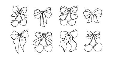 Coquette Cherry ve Bow Vector Set in Şirin Taslak Stili. Kız Baskıları, Sevgililer Günü Tasarımları ve Tatlı Estetik Projeleri İçin Kalp Aksanlı Romantik Kırmızı Kurdeleler.