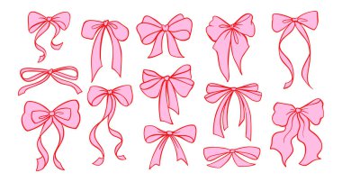 Coquette Pembe Fiyonk Kurdele Vektörü. Dantel detaylarıyla birlikte şirin, klasik bir hediye kutusu. Sevgililer Günleri, Düğünler ve Kız Tasarımları için Romantik Y2K karalaması. Düz yay ve kadınsı estetik..