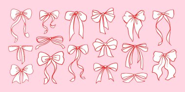 Vektör tarzında pembe çift yay seti. Moda, hediye, romantik kartlar, kadınsı dekorlar ve kadınsı estetik projeler için şirin bir yay..