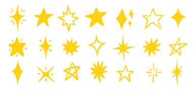 El yapımı pastel boyayla çizilmiş Star Doodle Set. Kıvılcım Sarı Yıldızlar, Gökyüzü Motifleri ve Sevimli Uzay Tasarımları için Çocukça Tebeşir Şekilleri veya Sihirli Çizimler.