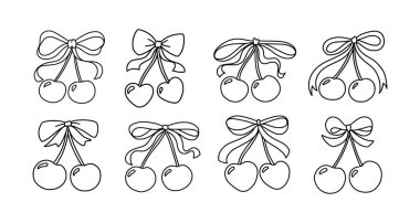 Coquette Cherry ve Bow Vector Set in Şirin Taslak Stili. Kız Baskıları, Sevgililer Günü Tasarımları ve Tatlı Estetik Projeleri İçin Kalp Aksanlı Romantik Kırmızı Kurdeleler.