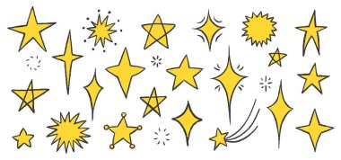 El yapımı pastel boyayla çizilmiş Star Doodle Set. Kıvılcım Sarı Yıldızlar, Gökyüzü Motifleri ve Sevimli Uzay Tasarımları için Çocukça Tebeşir Şekilleri veya Sihirli Çizimler.