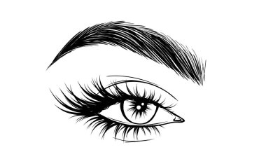 Göz, Lash ve Kaş Vektörü Güzellik ve Makyaj Simgeleri. Glam Lash ve Perfect Brows 'lu kadın siluetleri. Kirpik Sanatçılar, Kozmetik Reklamları veya Moda Resimleri İçin İdeal.