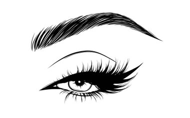 Göz, Lash ve Kaş Vektörü Güzellik ve Makyaj Simgeleri. Glam Lash ve Perfect Brows 'lu kadın siluetleri. Kirpik Sanatçılar, Kozmetik Reklamları veya Moda Resimleri İçin İdeal.