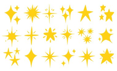 El yapımı pastel boyayla çizilmiş Star Doodle Set. Kıvılcım Sarı Yıldızlar, Gökyüzü Motifleri ve Sevimli Uzay Tasarımları için Çocukça Tebeşir Şekilleri veya Sihirli Çizimler.