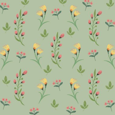 Çiçeksiz desen. El çizimi çizimi. yeşil arkaplanda çiçekler