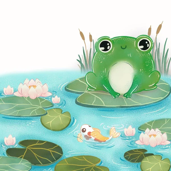 Иллюстрация Милой Акварельной Лягушки Сидящей Воде — стоковое фото