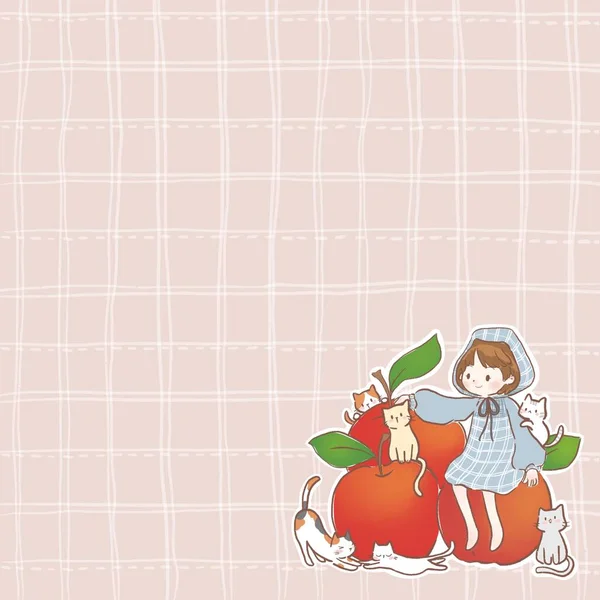 这个可爱的小女孩 有红色的苹果和猫 粉红色的背景风格 — 图库照片
