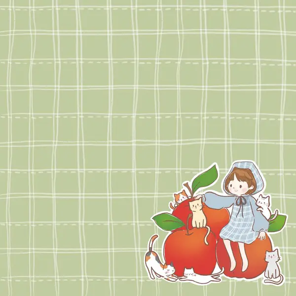 Dieses Niedliche Kleine Mädchen Mit Rotem Apfel Und Katzen Grüne — Stockfoto