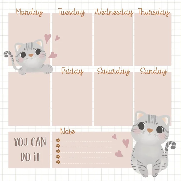 每周计划模板 带有Cat Printable Printable Week Start Week Cute Printable Printable — 图库照片