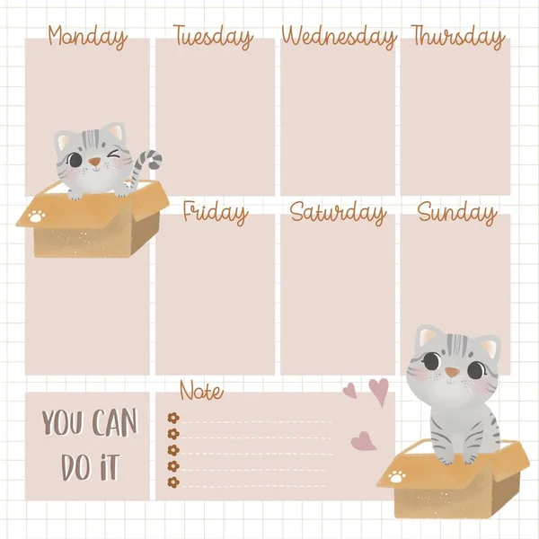 Weekly planner with cute cartoon cat with cute animals, printable card, kids, vector, illustration.