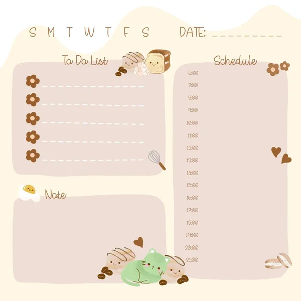 A daily  planner with a cute cartoon character, vector illustration