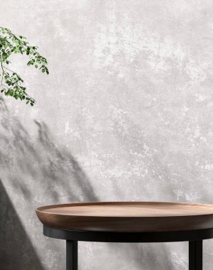 Tahta, yuvarlak, pürüzsüz tahıl kürsü masası, siyah çelik bacak, güneş ışığında yeşil tropikal ağaç, boş beton duvardaki yaprak gölgesi lüks organik kozmetik, cilt bakımı, 3 boyutlu güzellik ürünü arka planı.