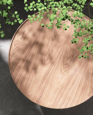 Teak wooden round smooth beautiful grain podium table, green tropical tree in sunlight, leaf shadow on blank concrete floor for luxury organic cosmetic, skincare, beauty, food product background 3D clipart