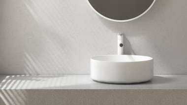 Modern gri kaplama makyaj tezgahı, beyaz yuvarlak seramik lavabo, güneş ışığı aynası duvar panjurları, kozmetik, güzellik, tuvalet malzemeleri arka planı 3 boyutlu.