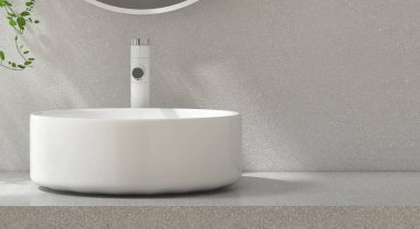 Modern gri kaplama makyaj tezgahı, beyaz yuvarlak seramik lavabo, musluk, sarkık bitki, dokuma duvarındaki güneş ışığında yuvarlak ayna kozmetik, güzellik, tuvalet eşyaları arka planı 3 boyutlu.