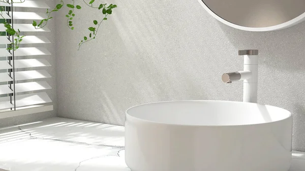 現代大理石の虚栄心のカウンター 白い円形の陶磁器の洗面台 ミラー 化粧品 トイレのプロダクト背景3Dのための贅沢な浴室の壁の盲目からの日光のクリーパー植物 — ストック写真