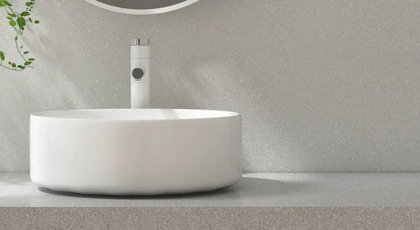 Moderne Graue Stuck Waschtisch Weiße Runde Keramik Waschbecken Wasserhahn Schlingpflanze — Stockfoto