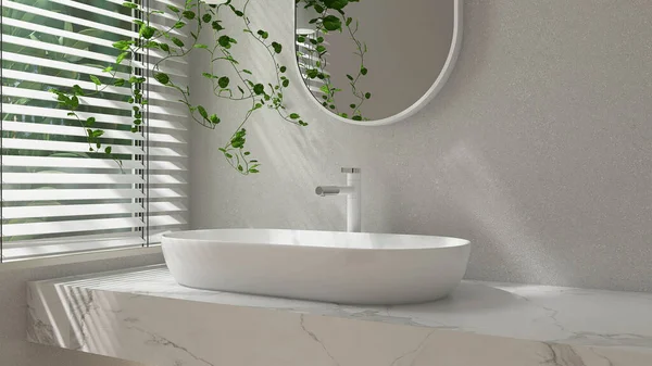 Modern Mermer Makyaj Tezgahı Beyaz Oval Seramik Lavabo Ayna Güneş — Stok fotoğraf