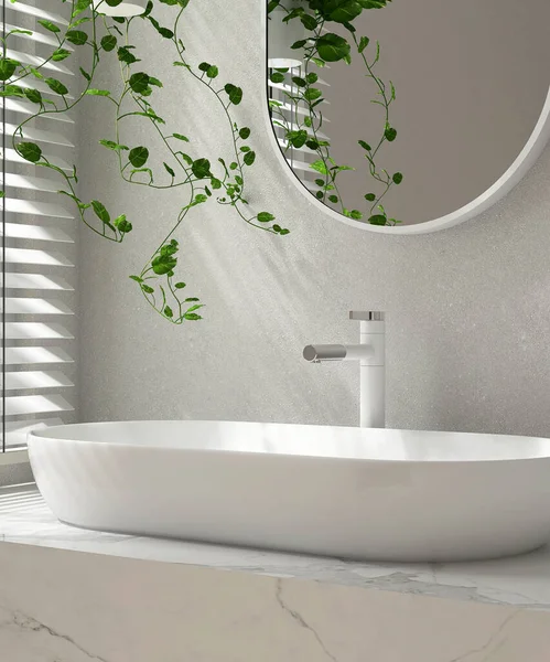 現代大理石の虚栄心のカウンター 白い楕円形の陶磁器の洗面台 ミラー 化粧品 トイレのプロダクト背景3Dのための贅沢な浴室の壁の盲目からの日光のクリーパー植物 — ストック写真
