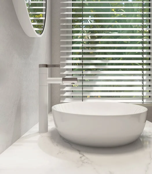 Modern Mermer Makyaj Tezgahı Beyaz Oval Seramik Lavabo Ayna Güneş — Stok fotoğraf