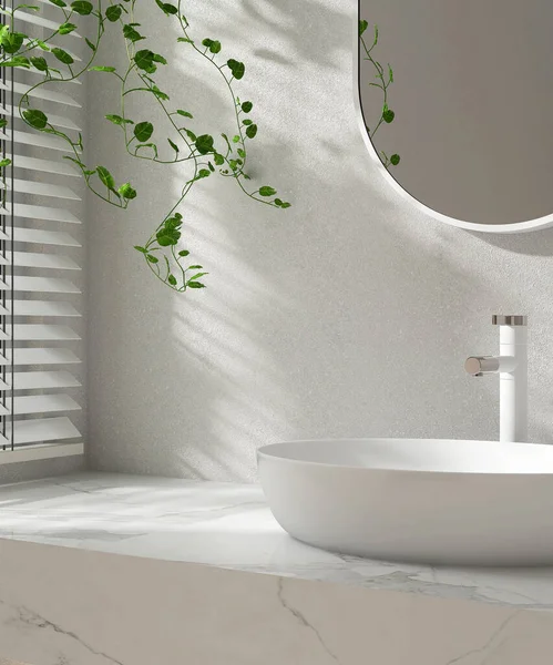 Moderne Marmor Waschtisch Weiße Ovale Keramik Waschbecken Spiegel Schlingpflanze Sonnenlicht — Stockfoto