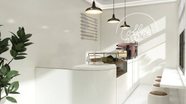 Küçük modern Kore tarzı tasarım kafe, parlak fildişi beyaz tezgah, pasta ekranı, profesyonel espresso makinesi, iç tasarım dekorasyonu için pencereden gün ışığına çıkan bar masası, ürün arka planı 3D