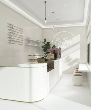 Küçük modern Kore tarzı tasarım kafe, parlak fildişi beyaz tezgah, pasta ekranı, profesyonel espresso makinesi, iç tasarım dekorasyonu için pencereden gün ışığına çıkan bar masası, ürün arka planı 3D