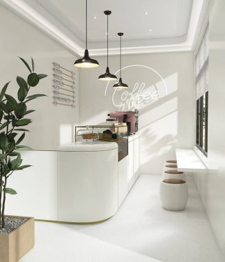 Küçük modern Kore tarzı tasarım kafe, parlak fildişi beyaz tezgah, pasta ekranı, profesyonel espresso makinesi, iç tasarım dekorasyonu için pencereden gün ışığına çıkan bar masası, ürün arka planı 3D