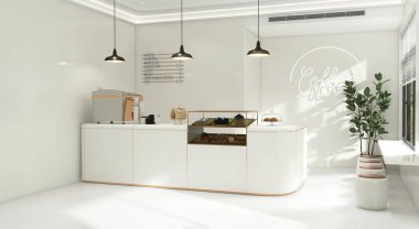 Küçük modern Kore tarzı tasarım kafe, parlak fildişi beyaz yuvarlak köşe tezgahı, pasta gösterisi, profesyonel espresso makinesi, bar masası, iç tasarım dekorasyonu için pencere taburesi 3D