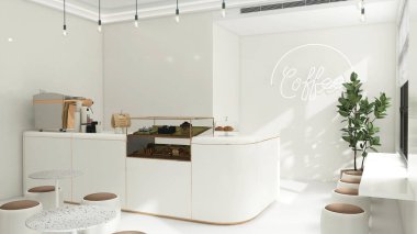 Small modern Korean style design cafe, glossy ivory white round corner counter, cake display, professional espresso machine, bar table, stool by window for interior design decoration background 3D clipart