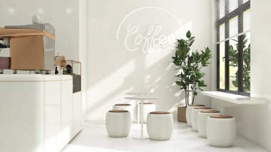 Modern Kore tarzı kafe, kahve ve bar masası, kahverengi yastık tabure, parlak fildişi beyaz yuvarlak köşeli tezgah ve iç tasarım dekorasyonu için espresso makinesi arka plan 3D