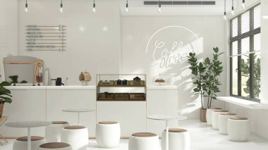 Küçük modern Kore tarzı tasarım kafe, parlak fildişi beyaz yuvarlak köşe tezgahı, pasta gösterisi, profesyonel espresso makinesi, bar masası, iç tasarım dekorasyonu için pencere taburesi 3D