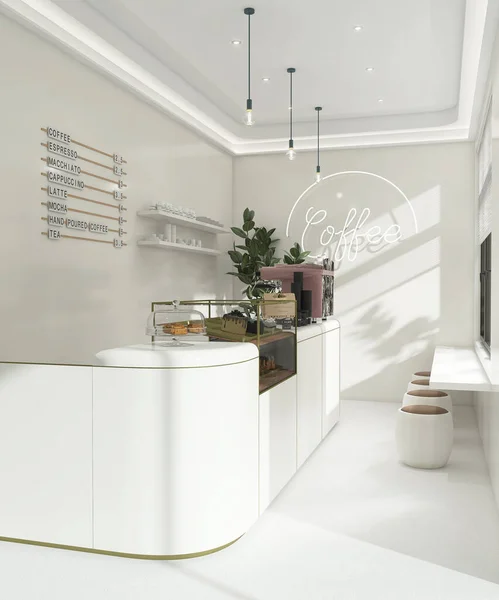 Piccolo Caffè Moderno Design Stile Coreano Contatore Bianco Avorio Lucido — Foto Stock