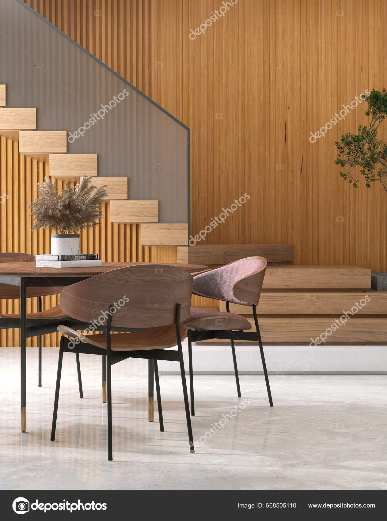 Mesa Comedor Madera Estilo Mediados Siglo Silla Cojín Sala Estar — Foto de  stock #668505110 © LilySue, image size:1263x1700