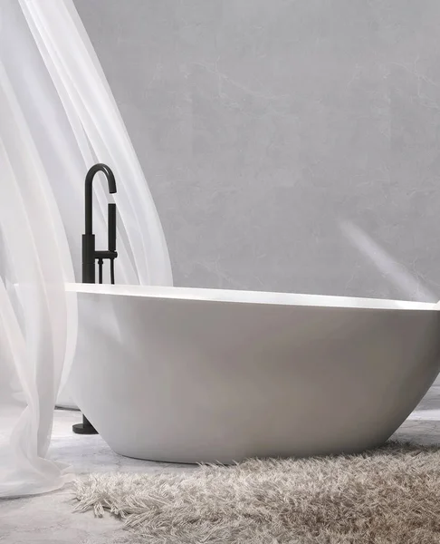 Beyaz Seramik Banyo Küveti Siyah Duş Başlığı Musluğu Mermer Duvarda — Stok fotoğraf