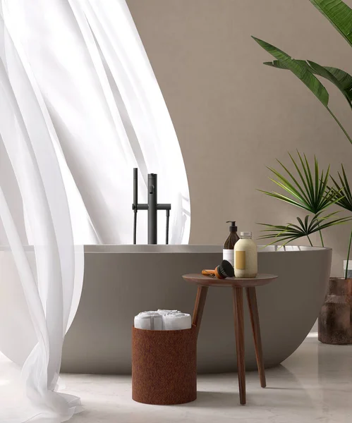 ラウンドウッドサイドテーブル トイレ 茶色のバスタブ タオル バスケット 吹くシア カーテン プロダクト表示背景3Dのためのベージュの壁の日光の豪華な大理石の床の浴室のヤシの木 — ストック写真