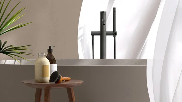 带浴室的圆形木制侧桌 由褐色浴缸 黑色淋浴器 防风窗帘 阳光下奢华设计浴室的棕榈树 米黄色墙壁上的阴影作为产品展示背景3D — 图库照片