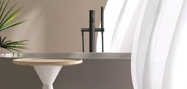茶色の浴槽による白い丸い木製の側面のテーブル 黒いシャワー 吹くシールのカーテン 日光の贅沢なデザインの浴室のヤシの木 トイレ製品の表示背景3Dのためのベージュの壁の影 — ストック写真