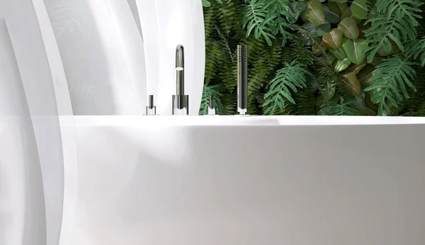 バスタブによる白い円形の銀製の鋼鉄側面テーブル 吹くシールのカーテン 緑の葉の熱帯植物の壁の日光の贅沢なデザインの浴室のトイレ プロダクト表示背景3D — ストック写真