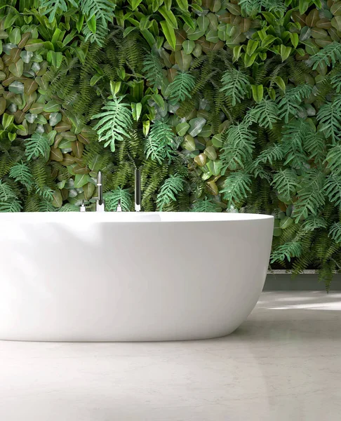 白い陶磁器の浴槽 クロム シャワーの頭部 緑の葉の熱帯植物の壁 モダンなライフスタイルのインテリア トイレの背景3Dのための大理石の床の日光のシールのカーテン — ストック写真