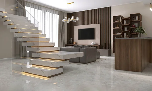 White marble U shape floating stair, led stripe light staircase, tempered glass balustrade in luxury beige living room, window, wood paneling wall for interior design decoration, product background 3D